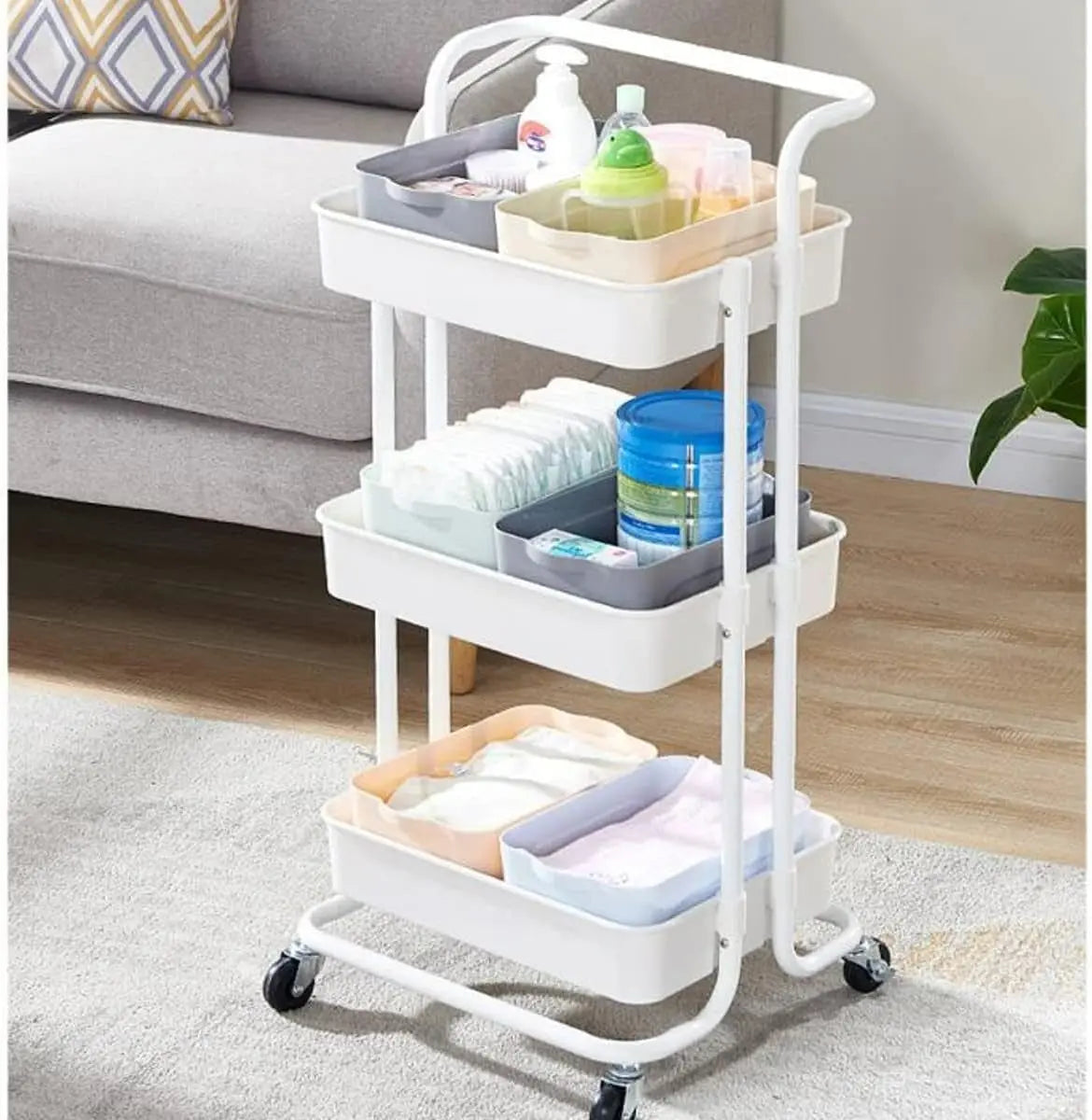 4 Tier Organizer Kitchen Moving Island with Wheels,Spice Rack Organizer with Handle Trolley,Pantry Organizer Shelf Storage Rack,Bathroom Laundry Trolley - White