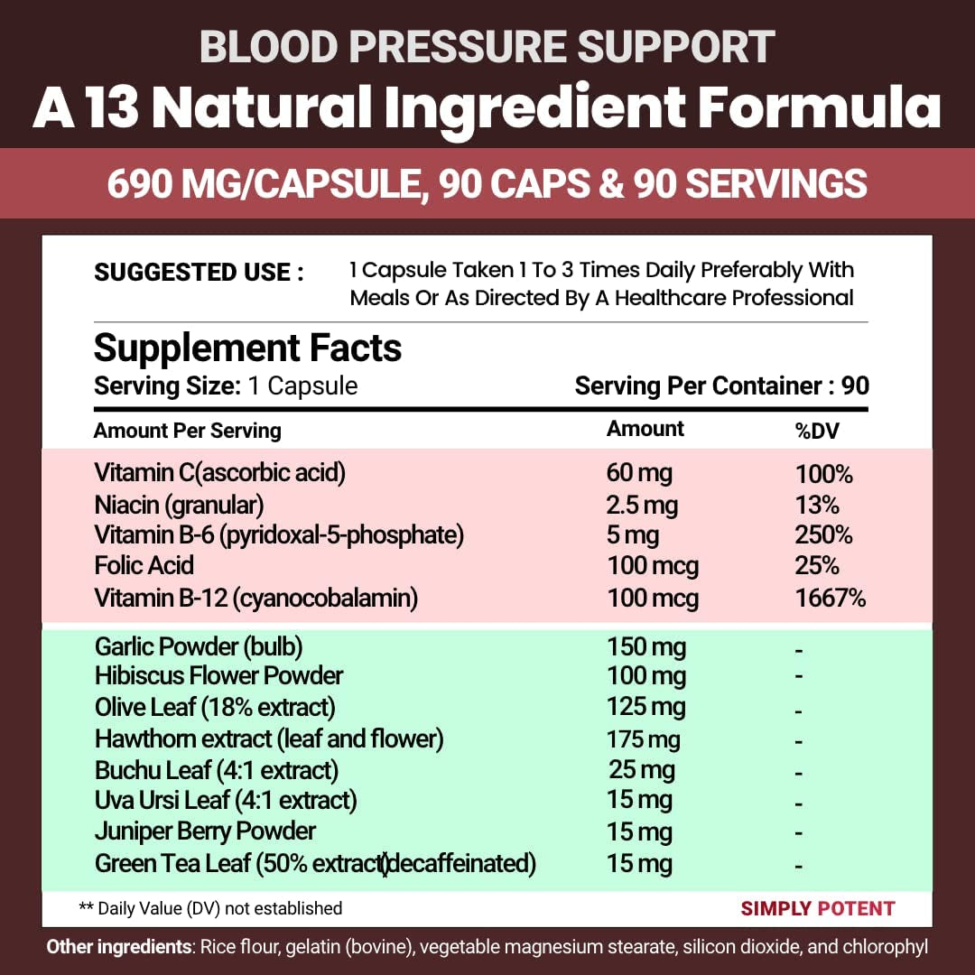 Blood Pressure Support Supplements 90 Capsules - Healthy Heart, Cholesterol, Cardio, Hypertension Vitamins & Herbs - Folic Acid, Vitamins C B6 & B12, Garlic 90 Capsule