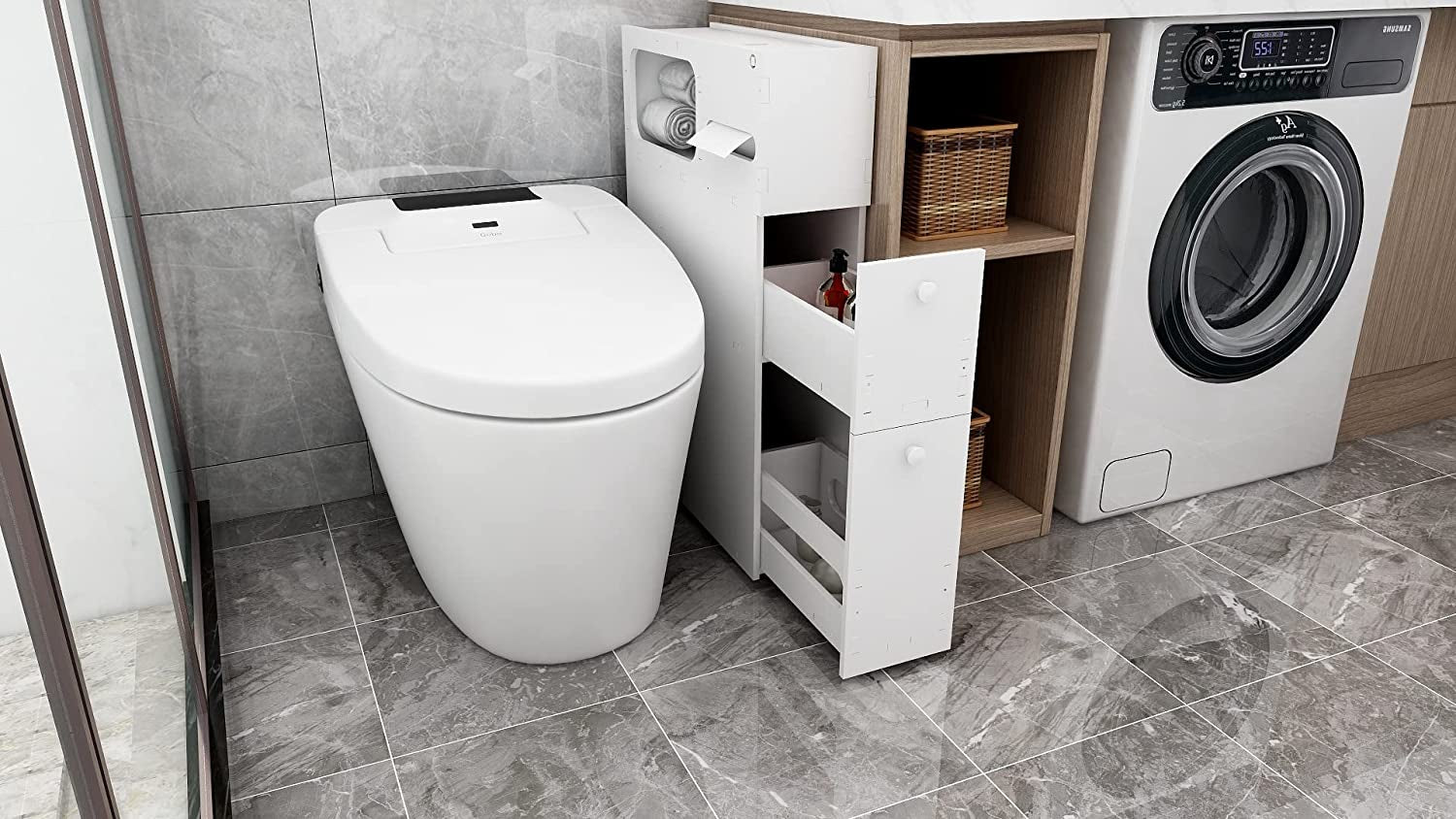 Bathroom Storage Rolling Cabinet Toilet Roll Holder White