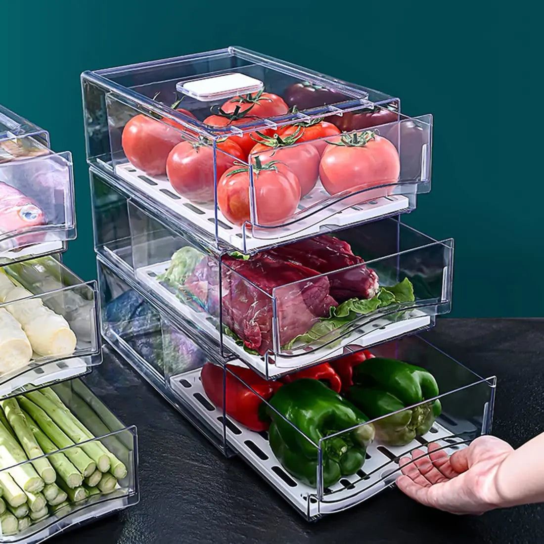 2 Pack Clear Stackable Fridge Drawers,Pull Out Fridge Organiser Bins with Lids、Drain Tray and Drawer,Large Food Container Storage Box for Fruit & Vegetable Storage