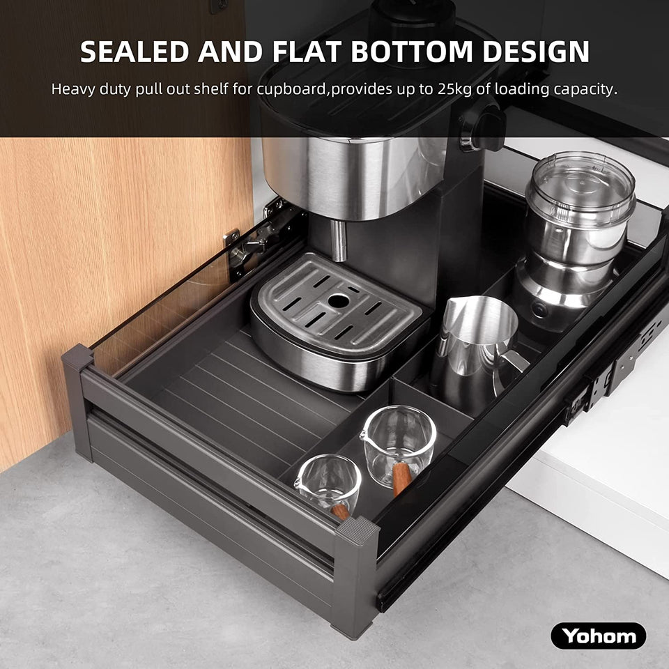 Pull Out Tray for Kitchen Cabinet Single Tier Slide Out Pantry Shelf Basket Heavy Duty Roll Out Extendable Sliding Drawer Organizer with Dividers 14" W X 21" D