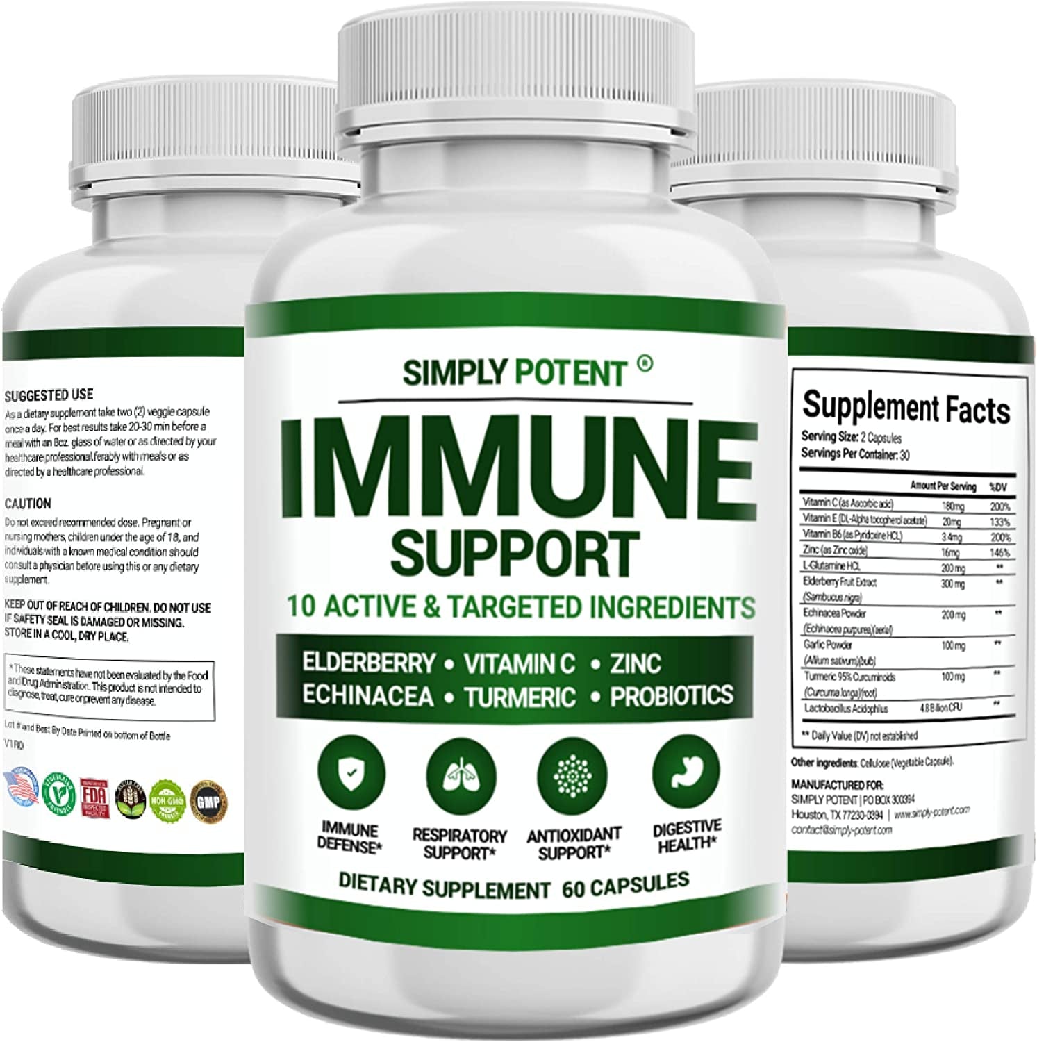Immune Support Supplement, 10 in 1 Immunity Booster Blend of Elderberry, Vitamin C, Zinc,Turmeric, Probiotics & Antioxidants for Immune, Respiratory & Digestive Health, 60 Pills