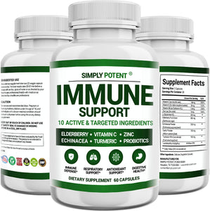 Immune Support Supplement, 10 in 1 Immunity Booster Blend of Elderberry, Vitamin C, Zinc,Turmeric, Probiotics & Antioxidants for Immune, Respiratory & Digestive Health, 60 Pills