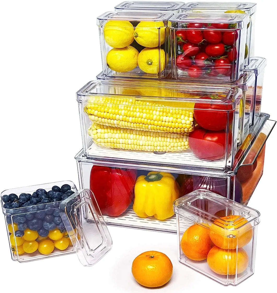 Clear Stackable Fridge Organiser Bins with Lids, Large Size Plastic Food Storage Containers for Fruit & Vegetable Storage, Kitchen Storage & Organisation (10 Pack-Tall)