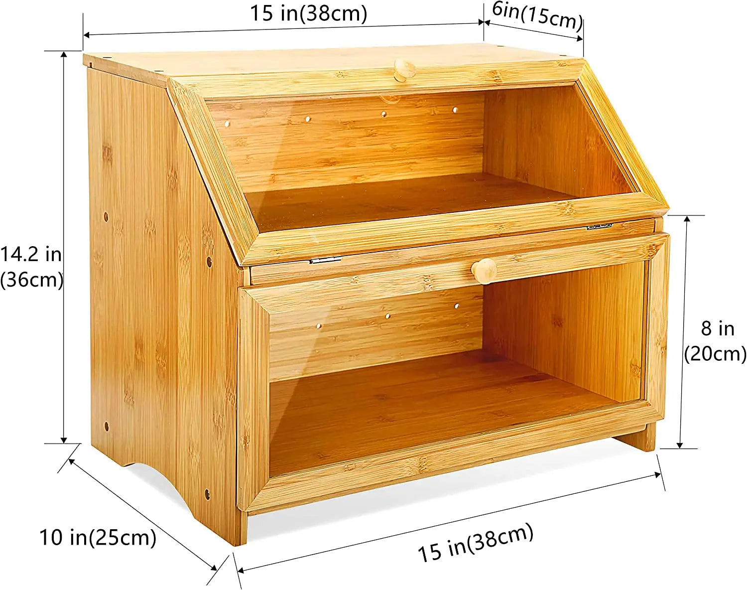 Double Layer Large Bread Box for Kitchen Countertop,Wooden Large Capacity Bread Storage Bin,Bamboo Farmhouse Style Bread Storage Container with Clear Window,Self-Assembly