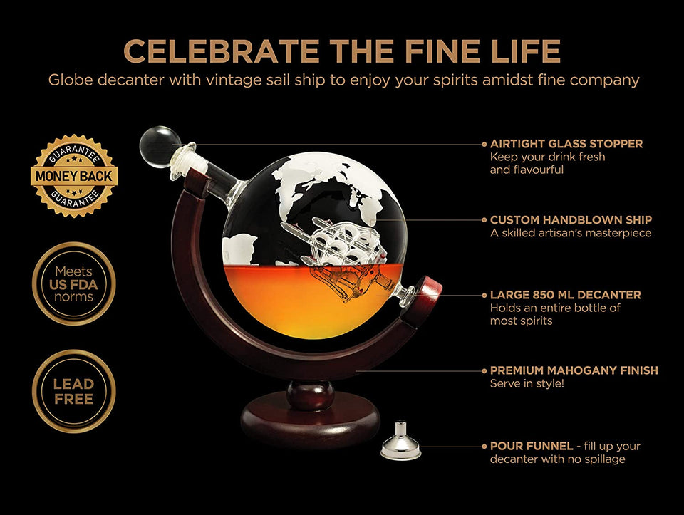 Whiskey Decanter Whiskey Globe Decanter and Glass Set Antique Handblown Ship Decanter Certified Safe Great Whiskey Gift Sets for Men Also as Scotch Bourbon Wine Rum Tequila Decanter Drinks 28Oz 850Ml