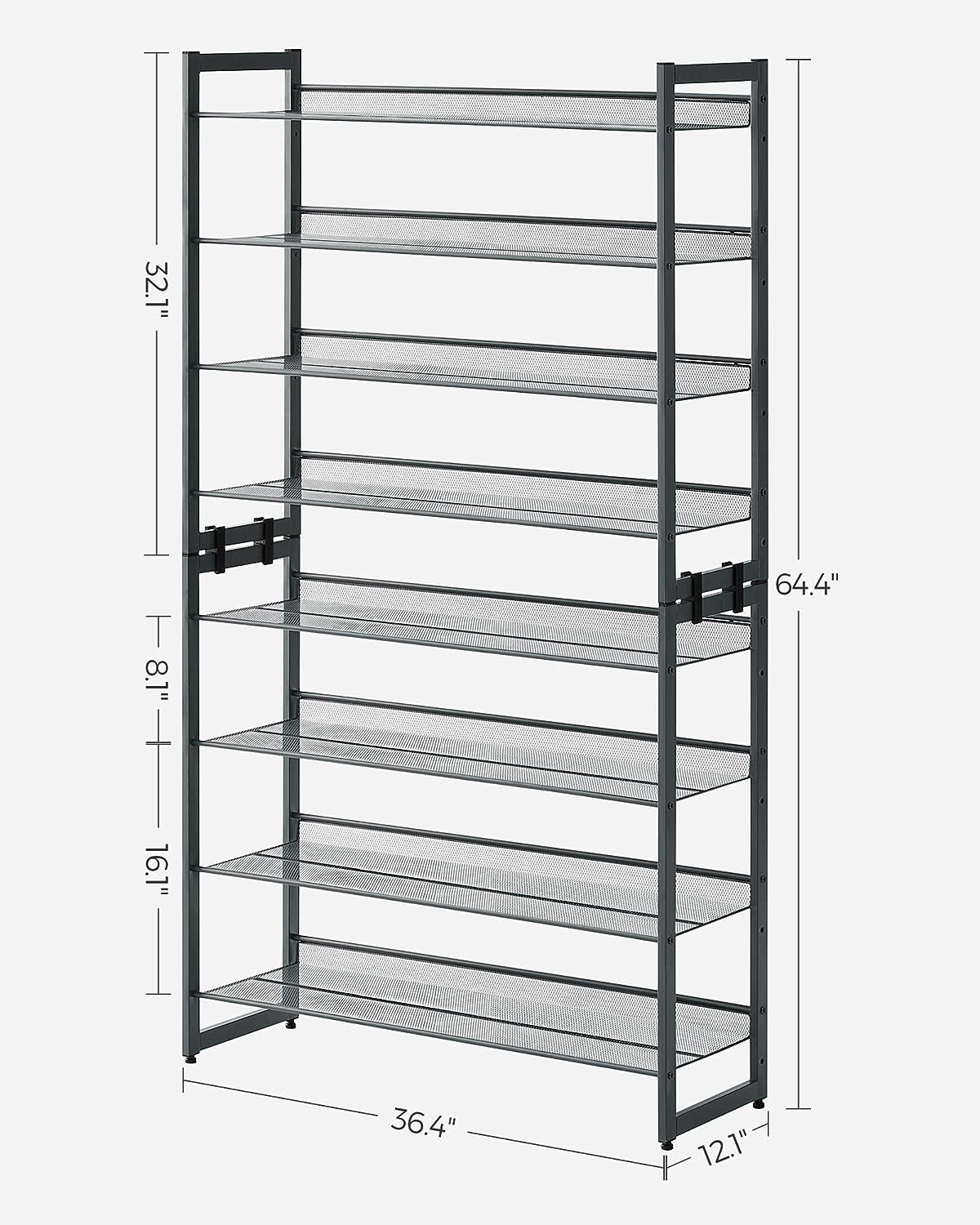 Shoe Rack, 8-Tier Shoe Organizer, Metal Shoe Storage for Garage, Entryway, Set of 2 4-Tier Stackable Shoe Shelf, with Adjustable Flat or Angled Shelves, Holds 32-40 Pairs, Grey
