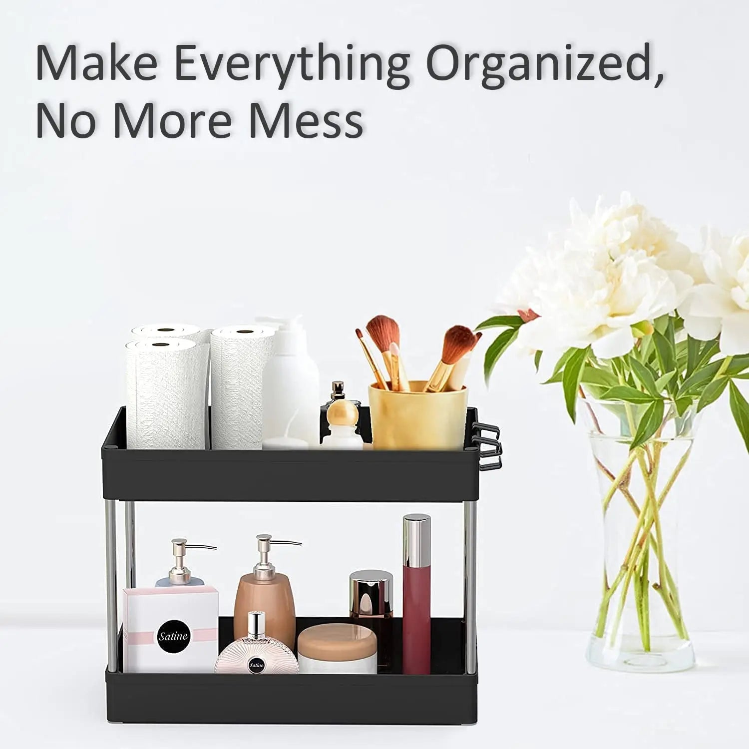 Under Sink Organizer- 2 Tier under Bathroom Sink Organizers Storage,Bath Collection Baskets with Hook, Black under Sink Shelf Organizer Rack,Multi-Purpose under Sink Storage for Bathroom Kitchen