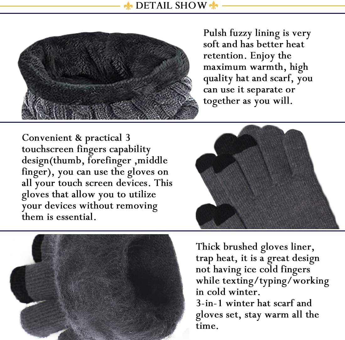 Beanie Hat Scarf and Touchscreen Gloves Set for Men & Women Stretch Warm Fleece Lining Cap(2Pcs / 3Pcs)