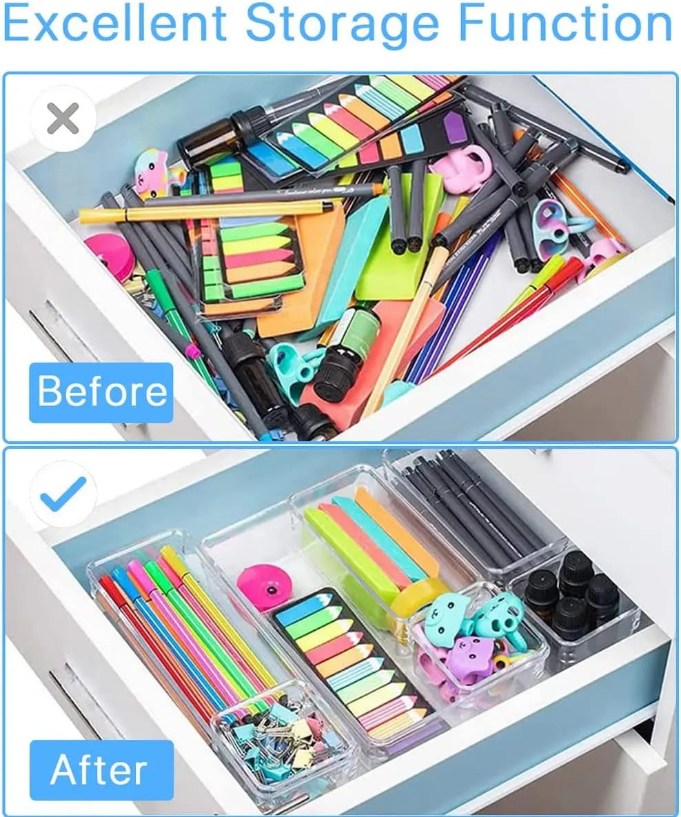 23 PCS Clear Plastic Drawer Organizers Set, 5 Different Size Bathroom and Vanity Drawer Organizer Trays, Storage Bins for Makeup, Jewelries, Kitchen Utensils and Office