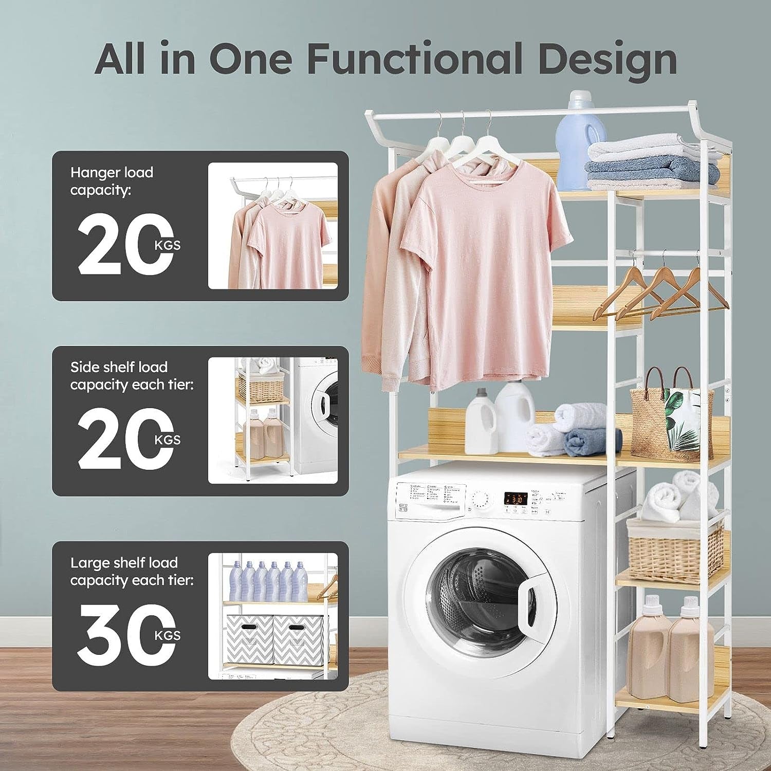 5 Tier over Toilet Shelf Bathroom Rack Organiser Laundry Shelves Storage Freestanding White & Wood