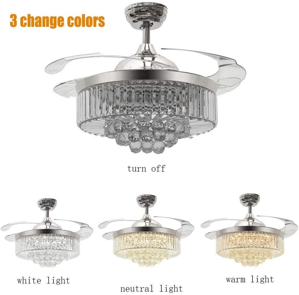 Reversible Retractable Ceiling Fans with LED Light and Remote, 42 Inch Invisible Ceiling Fan Chandelier with 4 Clear ABS Blades, Bedroom Fandelier Indoor Crystal Ceiling Light Kits with Fans (Chrome)