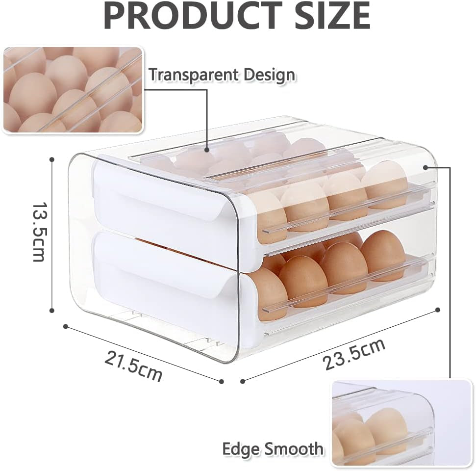 Egg Holder for Refrigerator, Double-Layer 32 Grid Egg Holder, Fridge Egg Drawer Organiser, Refrigerator Storage Egg Tray, Stackable Egg Container Drawer, Clear Plastic Egg Organizer