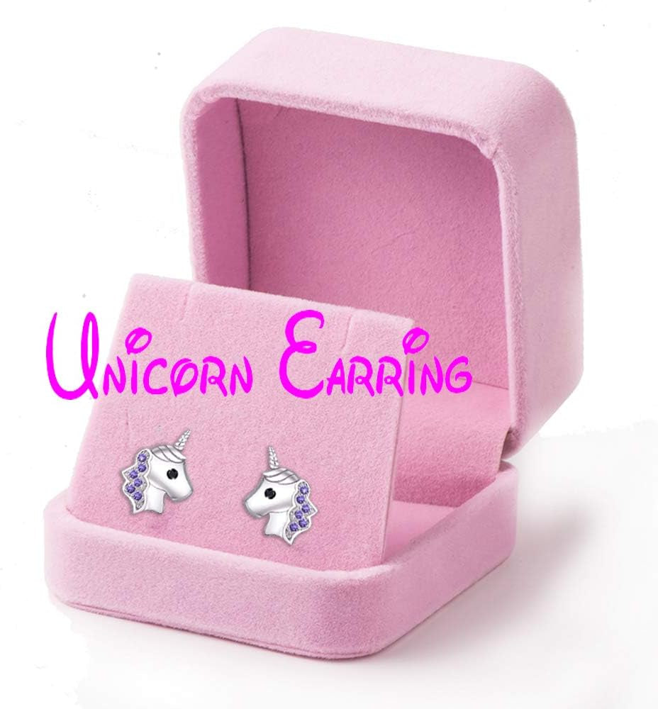 Unicorn Stud Earrings Hypoallergenic 925 Silver Light Pink Sparkling with Zircon for Little Girls Kids Jewelry Birthday Party
