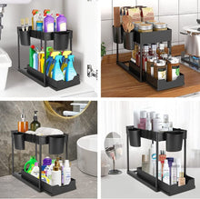 Load image into Gallery viewer, under Sink Organiser and Storage, 2 Tier Pull Out Sliding Cabinet Basket Organizer Rack with Hooks, Hanging Cup, Multi-Purpose Spice Rack Storage Shelf for Bathroom Kitchen Countertop
