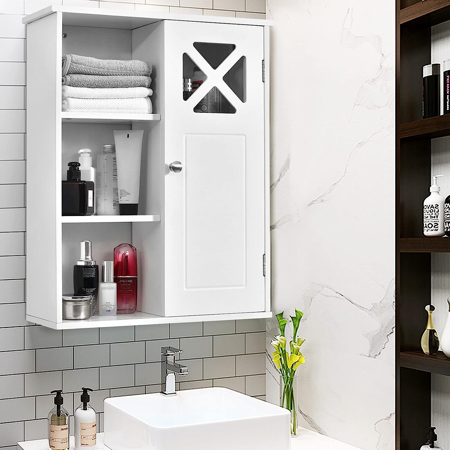 Bathroom Medicine Cabinet, Wall-Mounted Storage Cabinet, Storage Organizer W/Adjustable Shelves & Open Compartments for Bathroom, Living Room, Kitchen, White