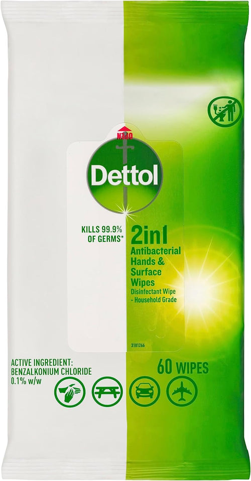 2 in 1 Hands and Surfaces Antibacterial Wipes 60 Pack