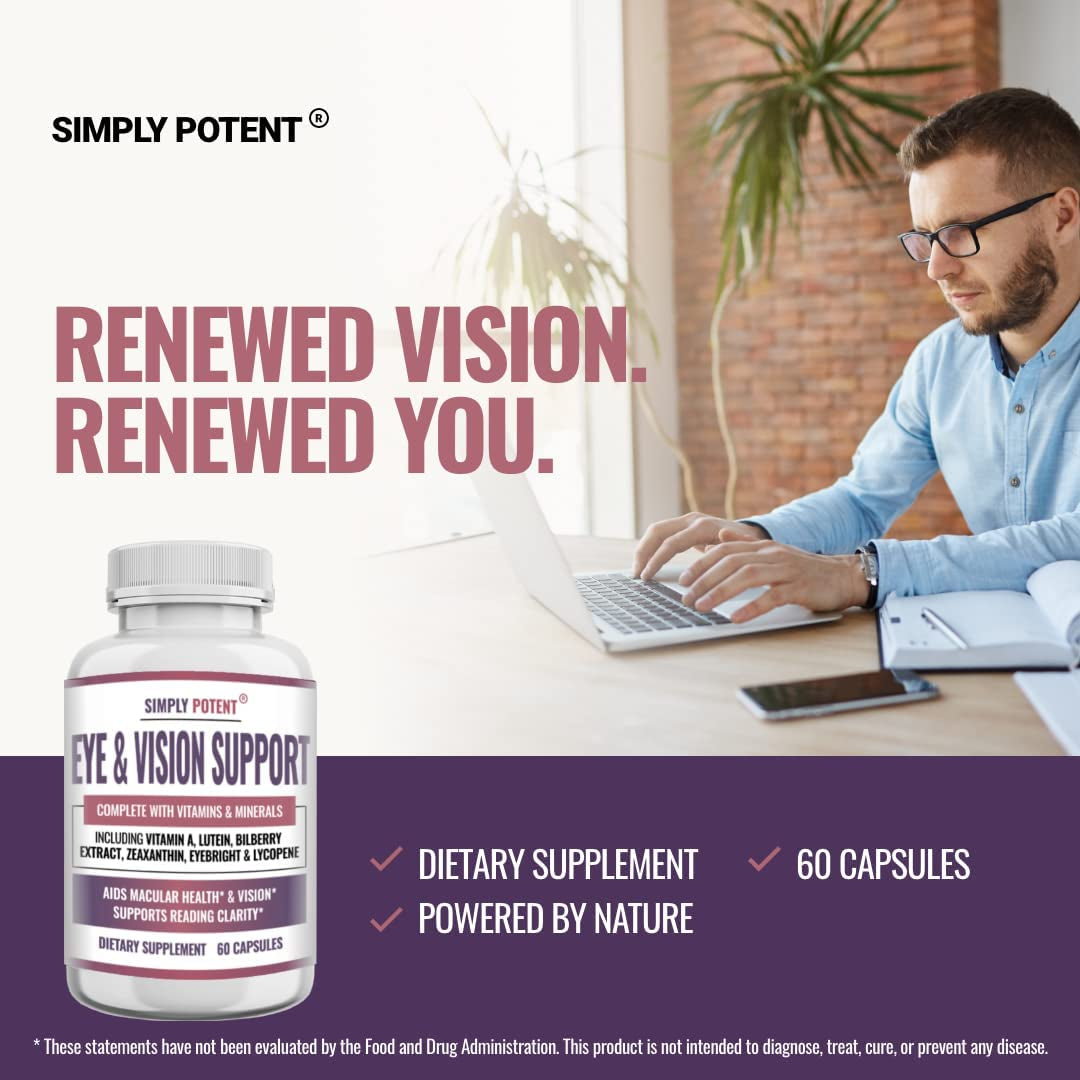 Eye and Vision Support for Adults, Lutein & Zeaxanthin Eye Health Supplements, Natural Eye Formula with Vitamin A, Zeaxanthin, Bilberry Extract for Eyebright & Lycopene Lens & Macular Support, 60 Ct