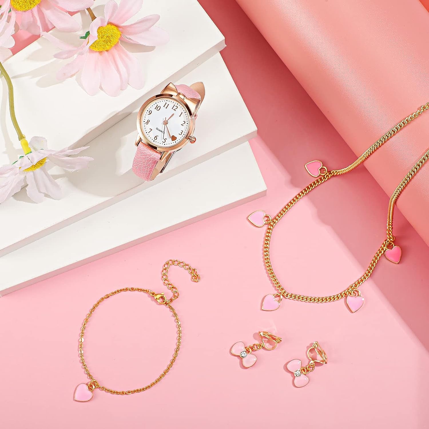 4 Pcs Children'S Watch and Silver Plated Jewellery Set Include Watch with Leather Strap, Necklace, 1 Pair Earrings and Bracelet for Kids Girls Birthday Gifts