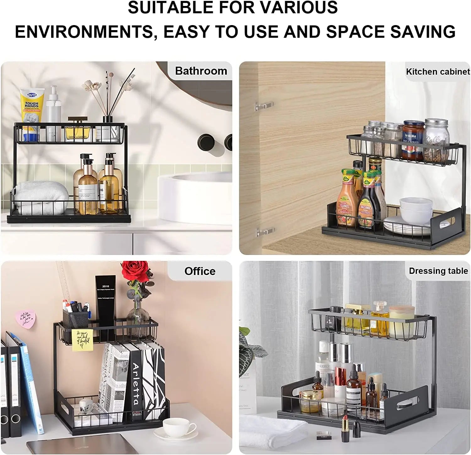 2-Tier under Sink Sliding Storage Drawer,Kitchen Organiser Rack,Pull-Out Sliding Baskets for Cupboard,Bathroom,Cabinet
