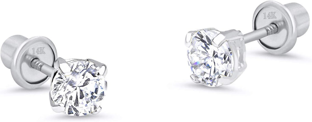 14K White Gold 2-6Mm Basket round Solitaire Cubic Zirconia Children Screw Back Baby Girls Earrings