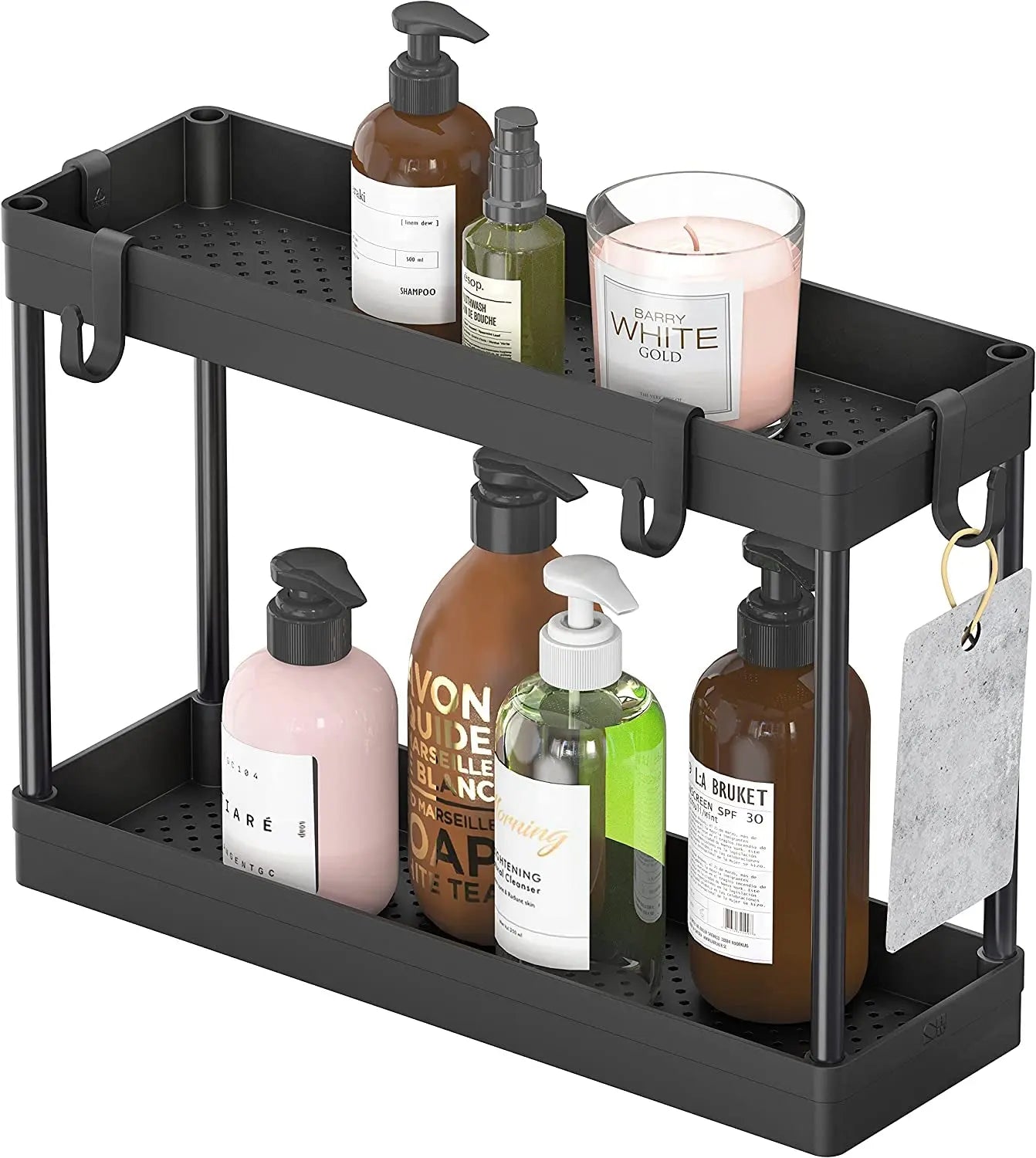 Simplehouseware 2-Tier under Sink Organizer Storage Tray with Hooks, Black