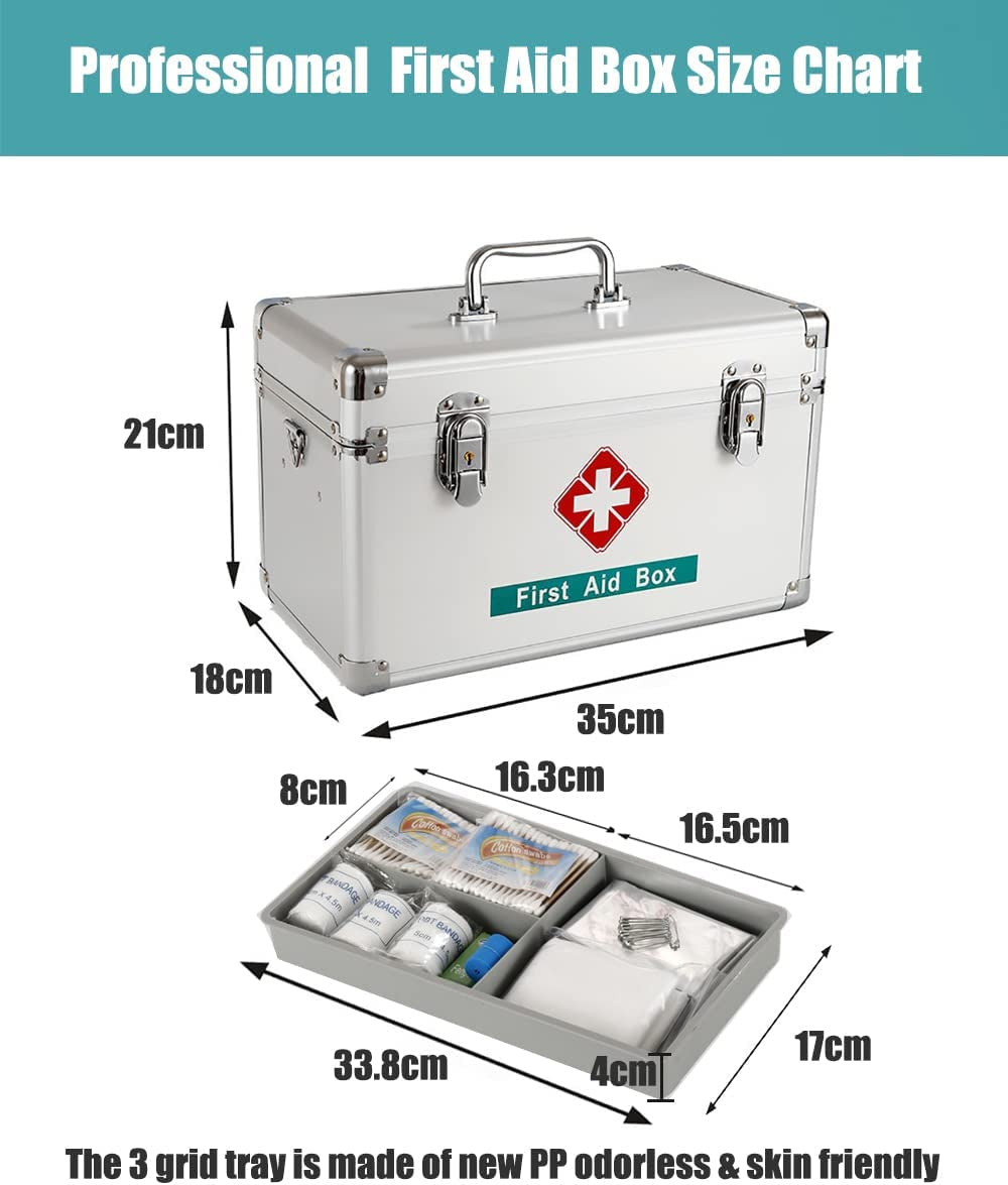 Premium 14 Inches Empty First Aid Box with an Internal 3 Grid Tray and Shoulder Strap, Aluminum Alloy Framed, Portable Home & Work Medicine Box for Medical and Health Industry Workers