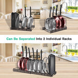 Pot Lid Organizer Pan Holder Rack with 10 Dividers and 4 Hooks, Expandable Cookware Rack for Kitchen Cabinet Cupboard Pantry, Skillet Frying Pan Pot Lid Storage -Bronze