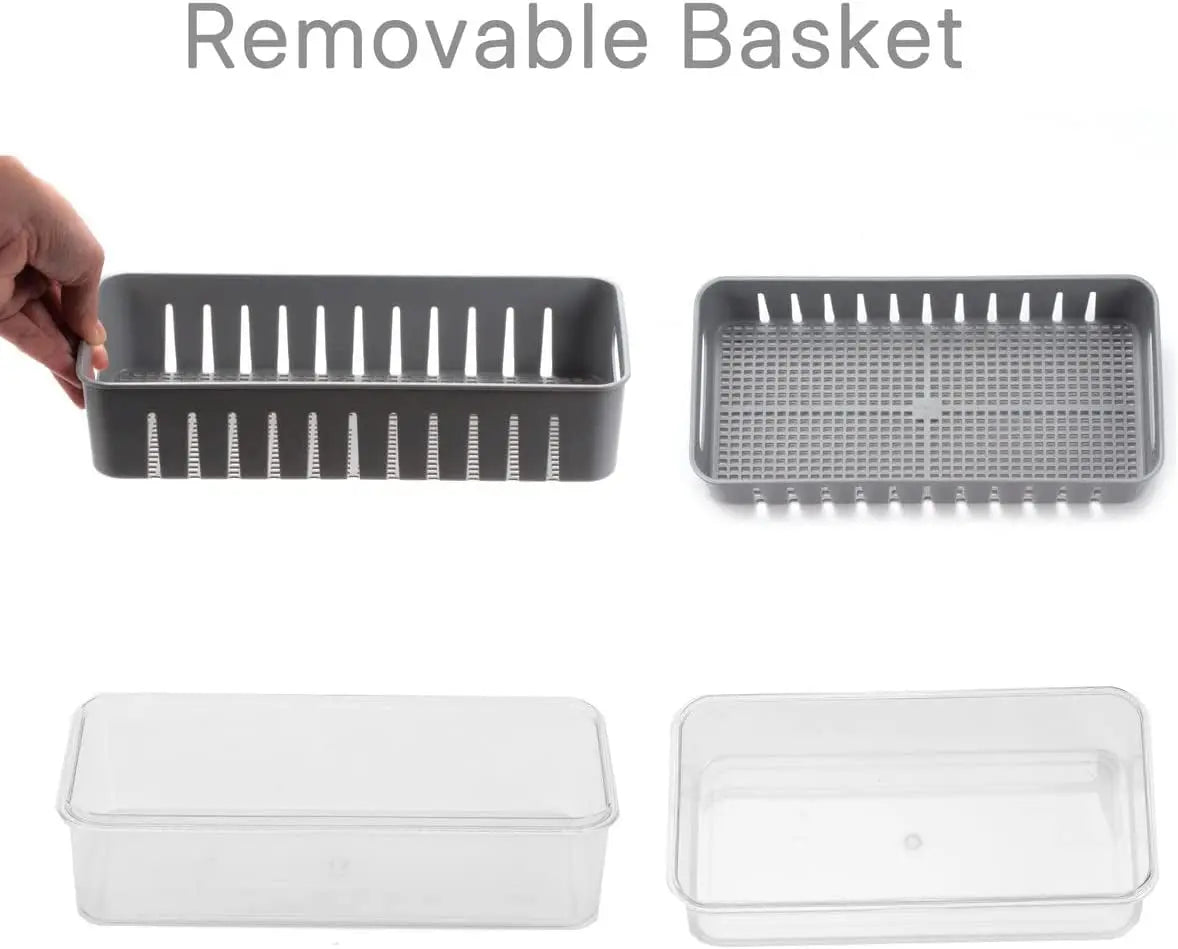 Set of 2 Kitchen Storage Box Stackable Container Organisation Bin with Snap Lid Removable Basket, Vegetable and Fruit Storage Container for Fridge Refrigerator