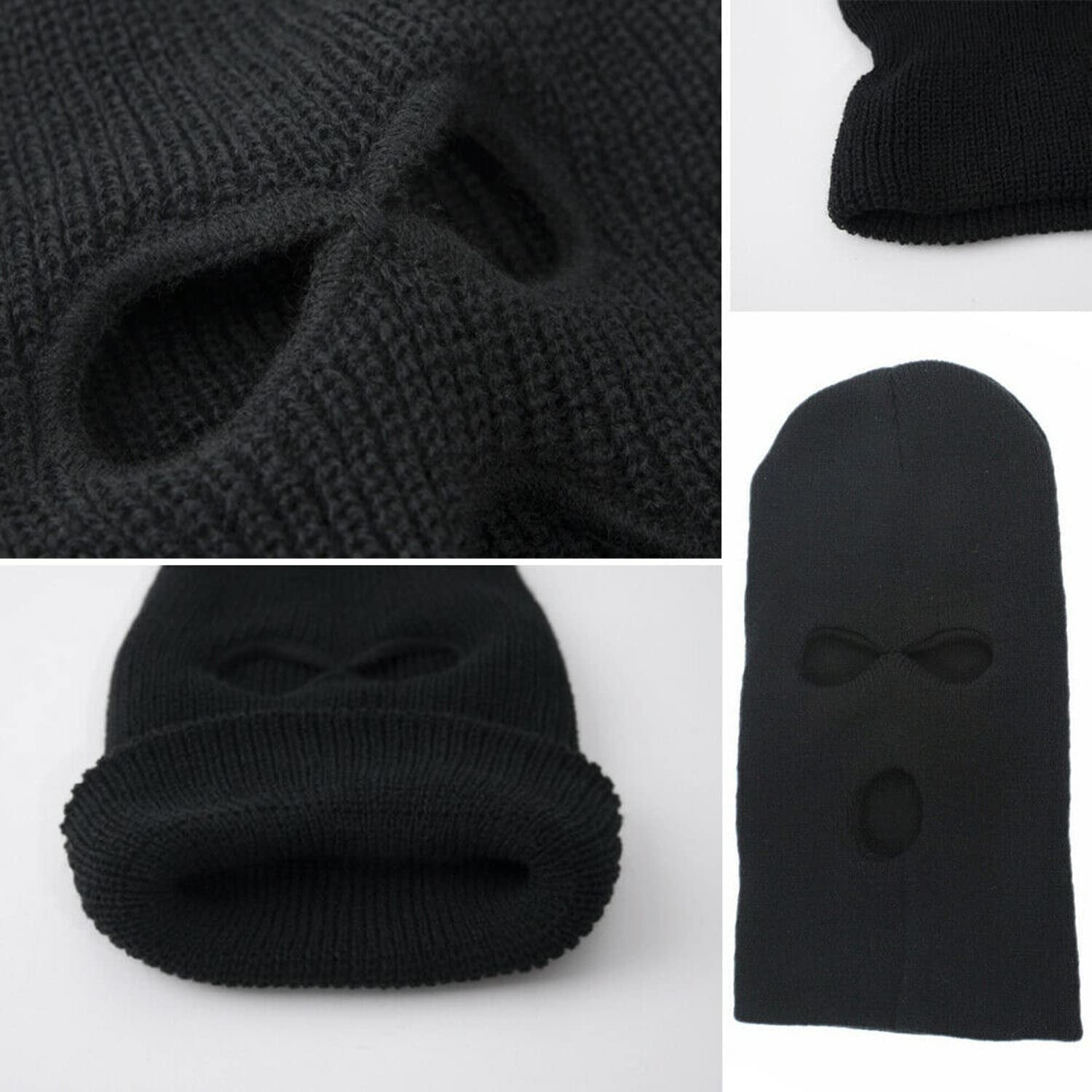 3 Holes Black Balaclava Style Windproof Mask Neck Warmer Ski Hat Fishing 3 Hole Beanie Face Mask Ski-Warm Knit-Men and Women Black