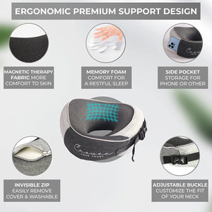 Neck Pillow - 100% Pure Memory Foam Neck Travel Pillow with 360 Degree Comfortable & Breathable Head and Neck Support, Includes Luxury Bag, Eye Mask & Earplugs for Airplane, Car (Black & Grey)
