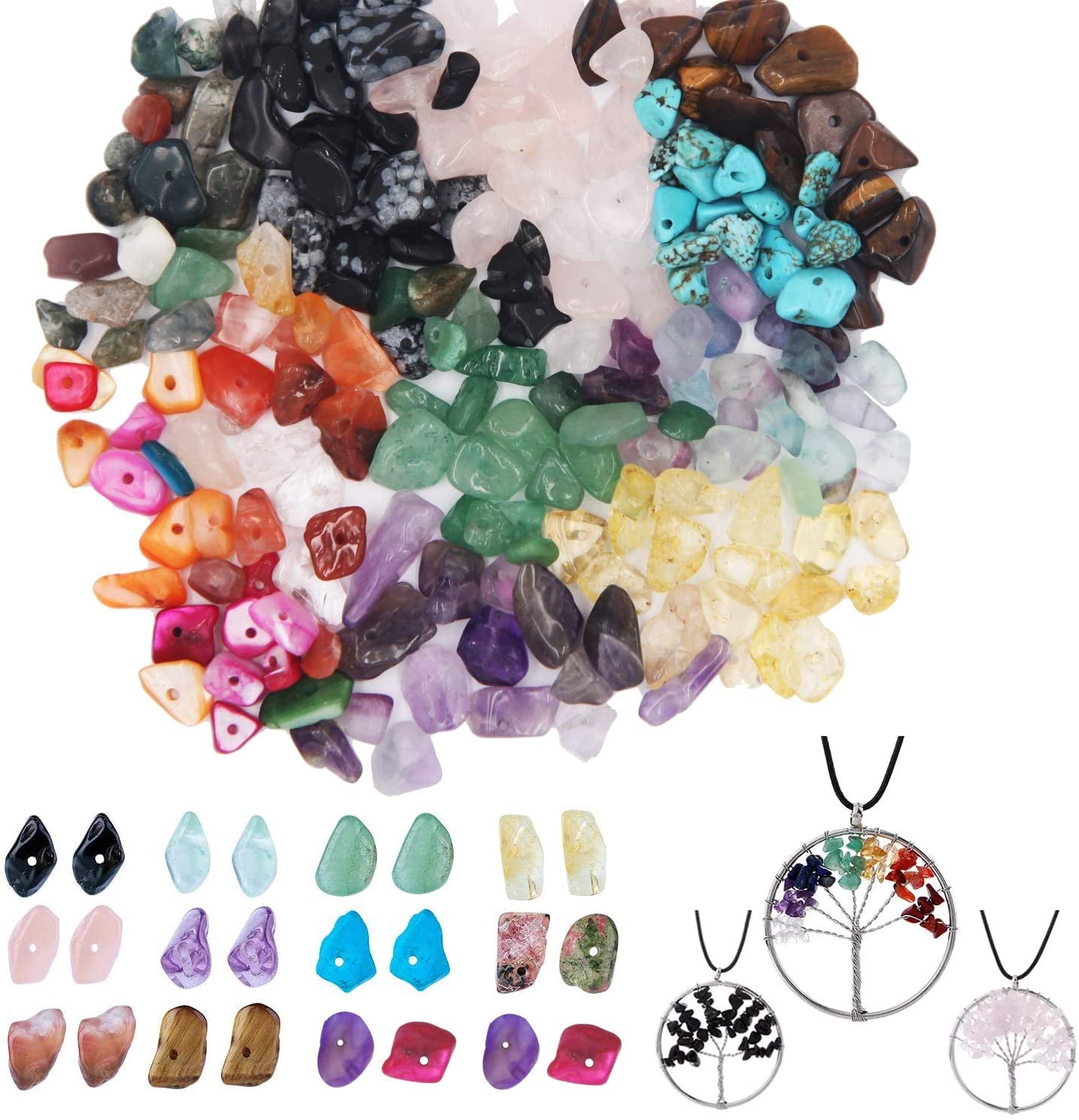 933Pcs Irregular Chips Stone Beads Natural Gemstone Beads Kit with Ear Wire Spacers Beads Pendants Elastic String Jump Rings for DIY Jewelry Necklace Bracelet Earring Making Supplies