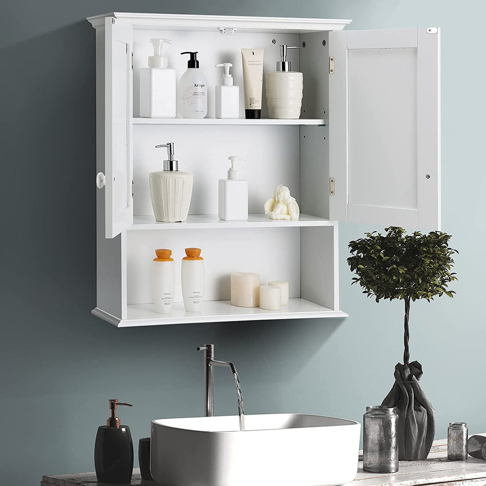 Bathroom Wall Cabinet, 2-Door Wall Mount Cabinet W/Hanging Design, Wooden Medicine Cabinet W/Adjustable Built-In Shelf, Kitchen/Laundry Storage Cupboard with Ample Storage Space (Gray/White)