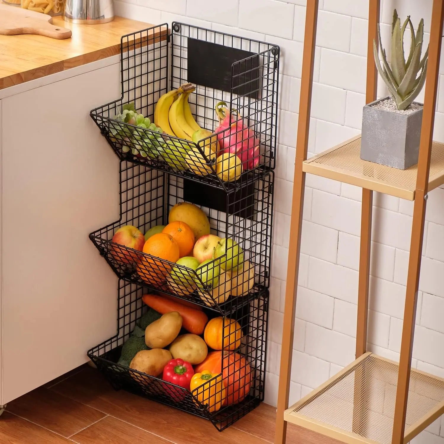 Fruit Vegetable Storage Basket for Kitchen, 3 Tier Stackable Wall Mount & Countertop & Hanging Metal Wire Baskets Organiser with Hooks, Kitchen Produce Tiered Counter Organizer Bin Rack(Black)