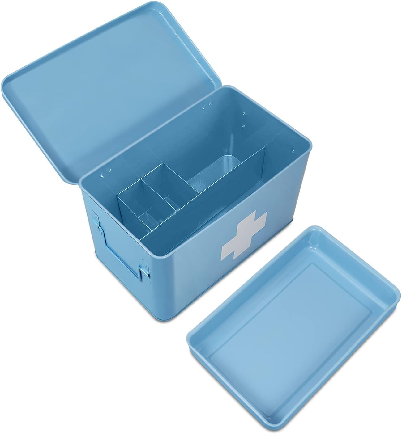 First Aid Medicine Box Supplies Kit Organizer - 13" Blue Metal Tin Medic Storage Bin Hard Case with Removable Tray White Cross, Vintage Antique Empty Boxes for Home Family Emergency Tool Set