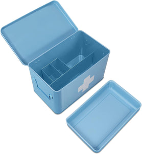 First Aid Medicine Box Supplies Kit Organizer - 13" Blue Metal Tin Medic Storage Bin Hard Case with Removable Tray White Cross, Vintage Antique Empty Boxes for Home Family Emergency Tool Set