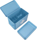 First Aid Medicine Box Supplies Kit Organizer - 13" Blue Metal Tin Medic Storage Bin Hard Case with Removable Tray White Cross, Vintage Antique Empty Boxes for Home Family Emergency Tool Set