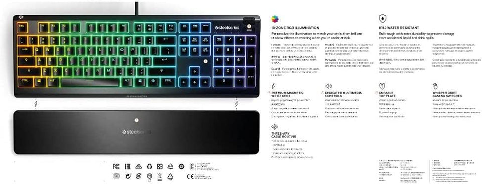 Apex 3 Whisper Quiet IP32 Water & Dust-Resistant Gaming Keyboard - Prism 10-Zone RGB Illumination - Premium Magnetic Wrist Rest