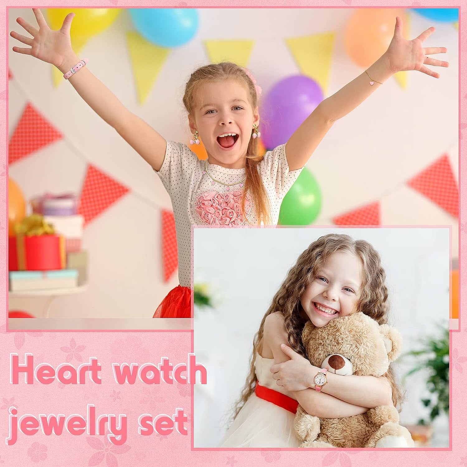 4 Pcs Children'S Watch and Silver Plated Jewellery Set Include Watch with Leather Strap, Necklace, 1 Pair Earrings and Bracelet for Kids Girls Birthday Gifts