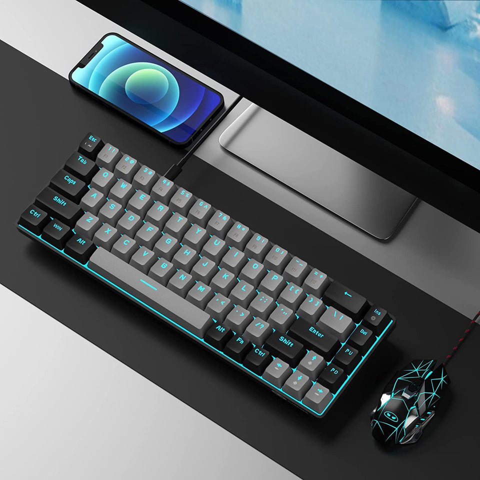 Portable 60% Mechanical Gaming Keyboard,  Mk-Box LED Backlit Compact 68 Keys Mini Wired Office Keyboard with Blue Switch for Windows Laptop PC Mac - Grey/Black