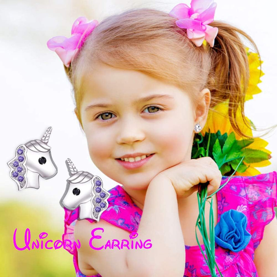 Unicorn Stud Earrings Hypoallergenic 925 Silver Light Pink Sparkling with Zircon for Little Girls Kids Jewelry Birthday Party