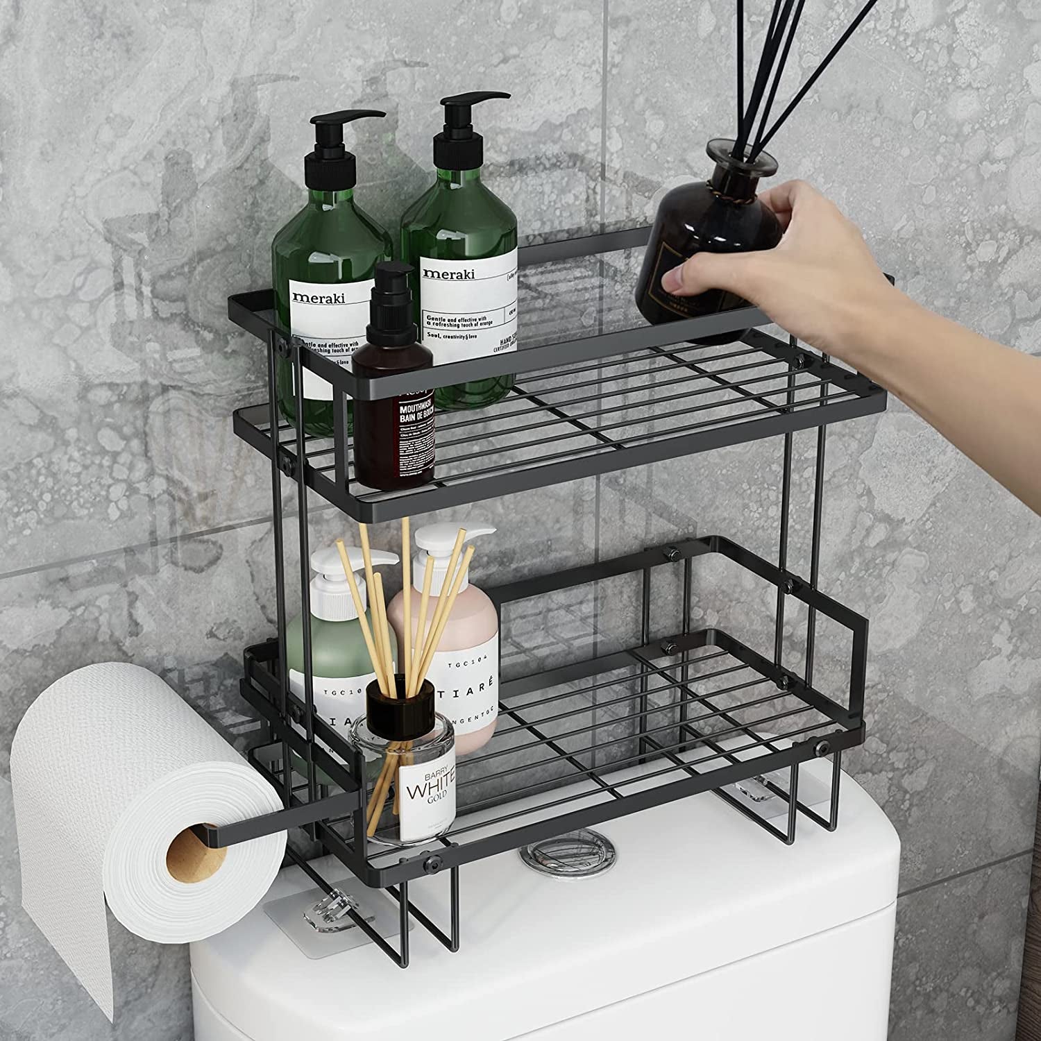 2-Tier Bathroom over the Toilet Storage Shelf, Bathroom Storage Organizer with Toilet Paper Holder, Space Saver,Black
