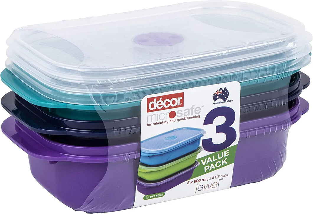 Microsafe  Oblong Jewel Container, Pack of 3 Pieces, 900Ml Capacity, Assorted