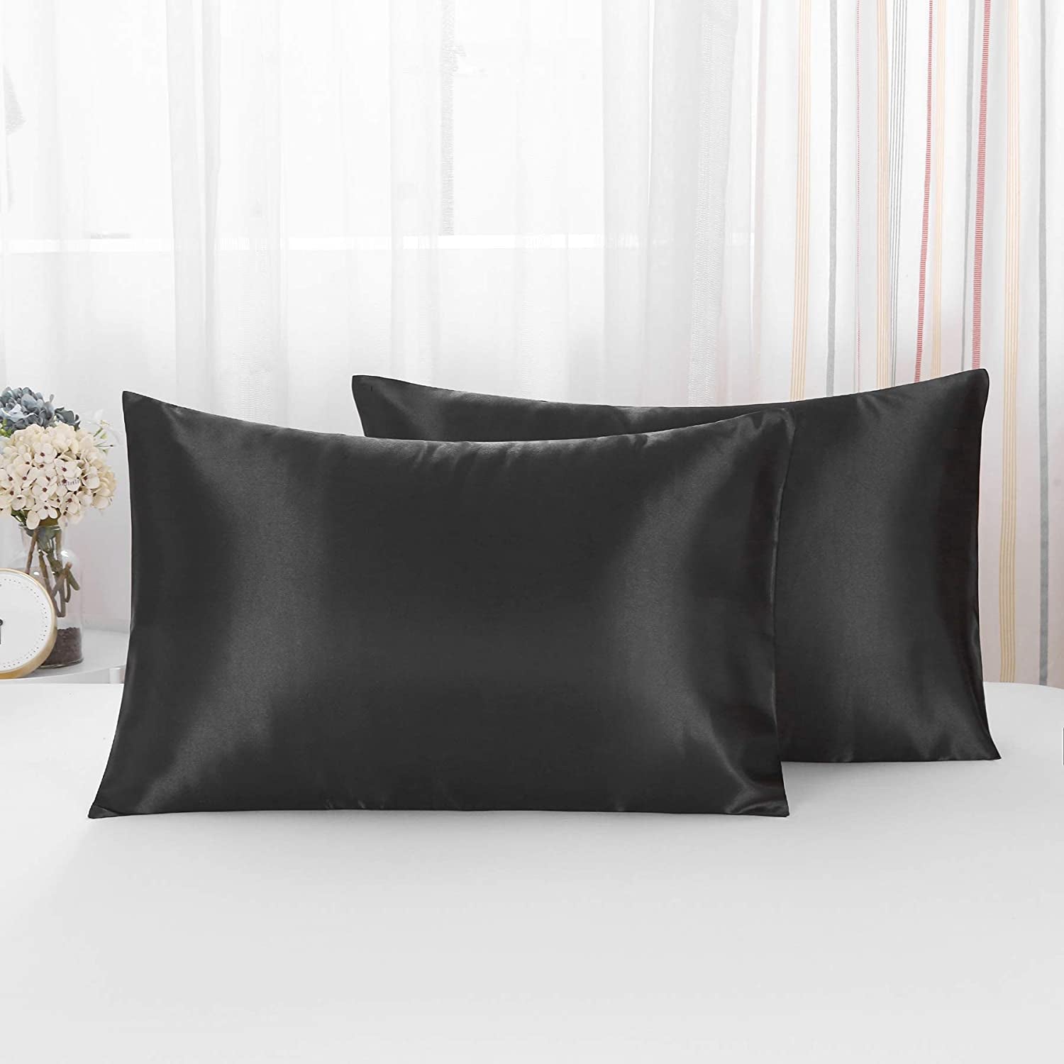 Justlinen 2 Pack Satin Pillowcase for Hair and Skin Queen Size, Satin Pillow Case with Envelope Closure Luxury Pillow Cover, Cooling Pillow Cover for Curly Hair-Soft, Breathable, Wrinkle, Fade Resistant(51X76Cm)-Black