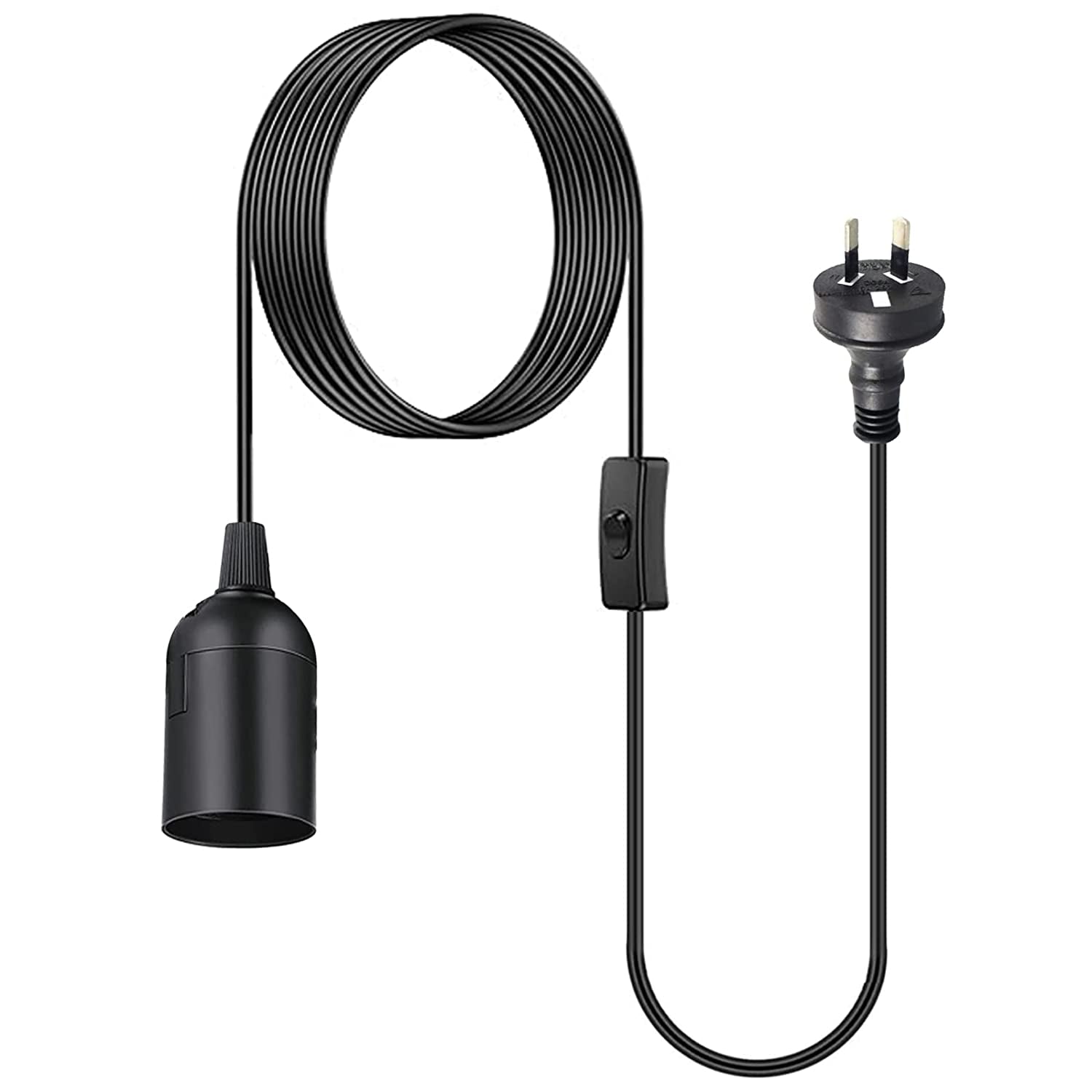 E27 Cable Cord with Switch, 1.8M Extension Hanging Lantern Cord Cable, E27 Lamp Base Bulb Holder Socket On/Off Switch & AU AC Power Plug Pendant Lighting, for Kitchen Bedroom Plant Growth Light (Black)
