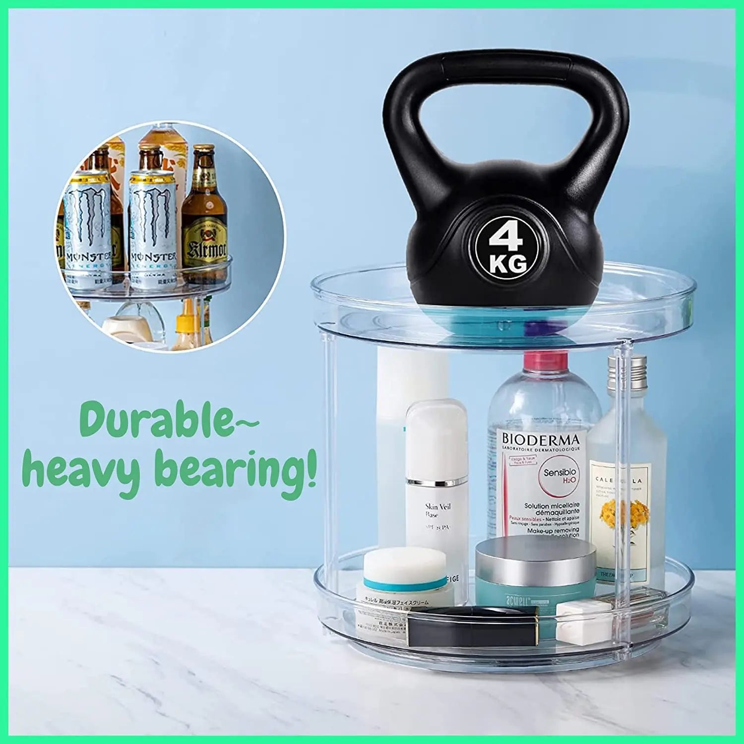 2 Tier Lazy Susan Turntable, Extra Large, Clear, 27Cm Rotating Countertop Spice Rack, Kitchen Cabinet Storage & Organisation, Pantry, Bathroom, Vanity, Fridge, Condiment, Cosmetic, Studyroom. (2 Tier - XL)