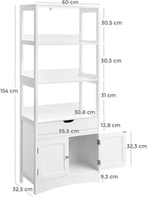 Load image into Gallery viewer, Bathroom Storage Cabinet, Tall Cabinet, Free Standing Bookshelf, with 3 Open Shelves, 1 Drawer and 1 Cupboard, 60 X 32.5 X 154 Cm, for Entryway, Kitchen, Study Room, White BBC67WT
