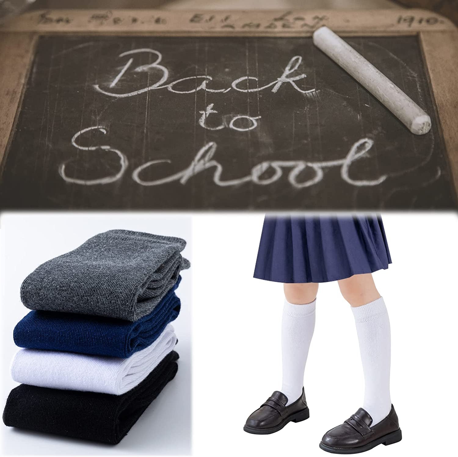 Girls Knee High Socks/Cable Knit/Ribbed School Uniform Socks 3/6 Pack Seamless Tube Socks Unisex Kids Soccer Socks 3-14 Years