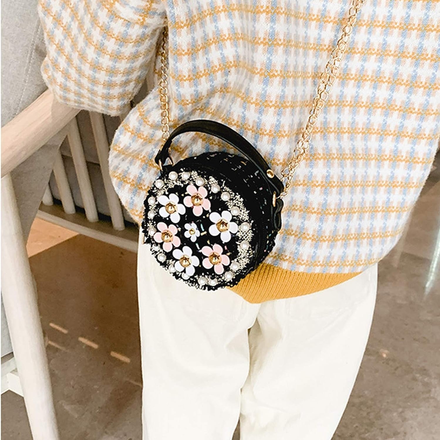 Little Girls Crossbody Purse with Pearl Flowers Mini Cute Princess Handbags Shoulder Bag for Girls Toddler Kids