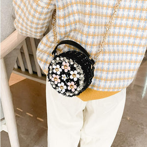 Little Girls Crossbody Purse with Pearl Flowers Mini Cute Princess Handbags Shoulder Bag for Girls Toddler Kids